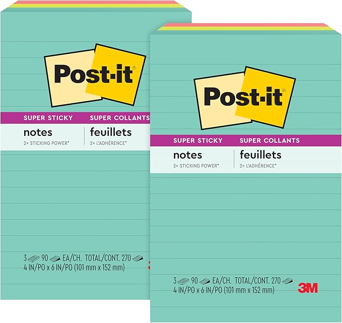 Post-it Super Sticky Notes, 4x6 in, Supernova Neons Collection, Lined, 3 Pads/Pack (4645-3SSAN) (Pack of 2)