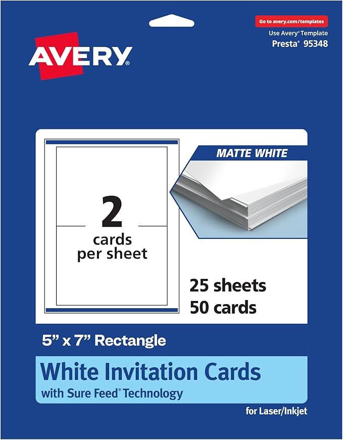Avery Printable Rectangle Cards, Sure Feed Technology, 5" x 7", Matte White Cardstock, Laser/Inkjet Printable, 50 Total, Great for Invitations and Thank You Messages