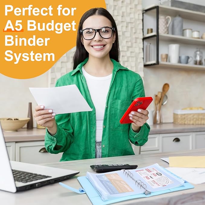 Antner 30pcs A5 Binder Pockets 6-Hole Budget Planner Inserts Cash Stuffing Envelopes for Money Organizer, White Zipper Pouch Folders Waterproof PVC Loose Leaf Filling Bags for A5 6-Ring Savings Binder