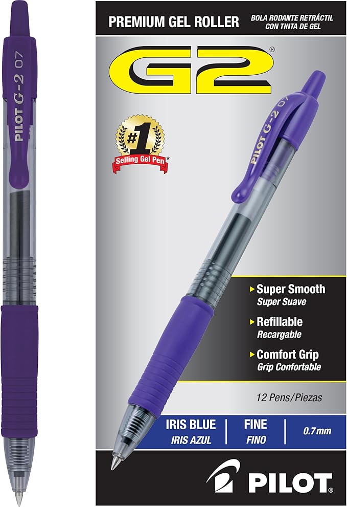 Pilot G2 Premium Gel Roller Pens, Fine Point 0.7 mm, Iris Blue Ink Pens Fine Point, Pack of 12 - Ideal for School, Journaling, and Office Writing