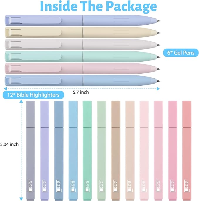 12 Pastel No Bleed Bible Highlighters and 6 Multicolor Fineliner Pens Set, Cute Aesthetic Assorted Colors Markers for Bible Studying Journaling Office School Supplies, Quick Dry