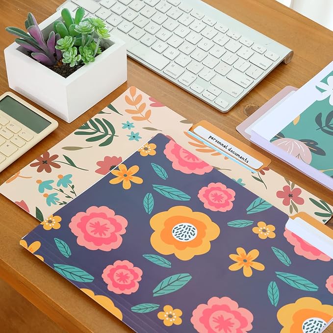 EOOUT 9pcs Decorative File Folders Letter Size, 1/3-Cut Tabs Plastic File Folders for Documents with Colorful Floral Patterns and Erasable Category Labels for Notes Office and School Supplies