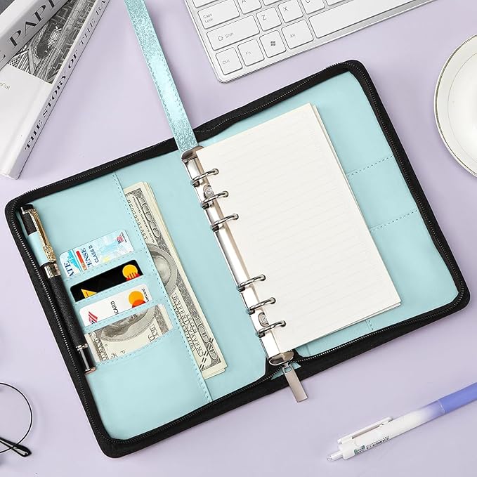 Toplive A6 Budget Binder with Zipper, 6 Ring Refillable Planner Binder Cover for A6 Cash Budget System, PU Leather Personal Organizer Personal Wallet, Glitter Blue