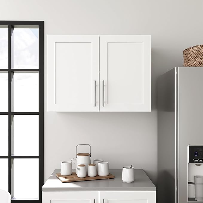 Prepac Elite 24" H Wall Cabinet with Panel Doors, White Storage Cabinet, Bathroom Cabinet, Pantry with 1 Adjustable Shelf 16.75" D x 32" W x 24" H, WSUR-1002-1