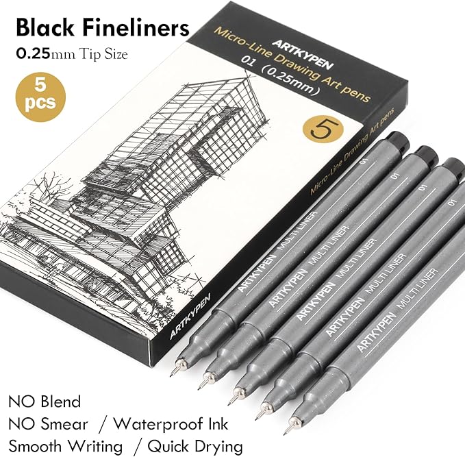 Micro Fineliner Drawing Art Pens: 5 Pack 0.25 mm Black Fine Line Waterproof Ink pen, Artist Supplies for Adults Sketching Anime Manga Watercolor Calligraphy Technical Illustrators
