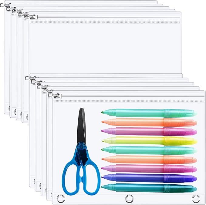 Lincia 20 Pack Clear Pencil Pouch for 3 Ring Binder Zippered 3 Ring Binder Pocket Inserts Bag Pencil Case 10 x 7'' Visible Cash Envelope with Re-enforced Grommet for College Office