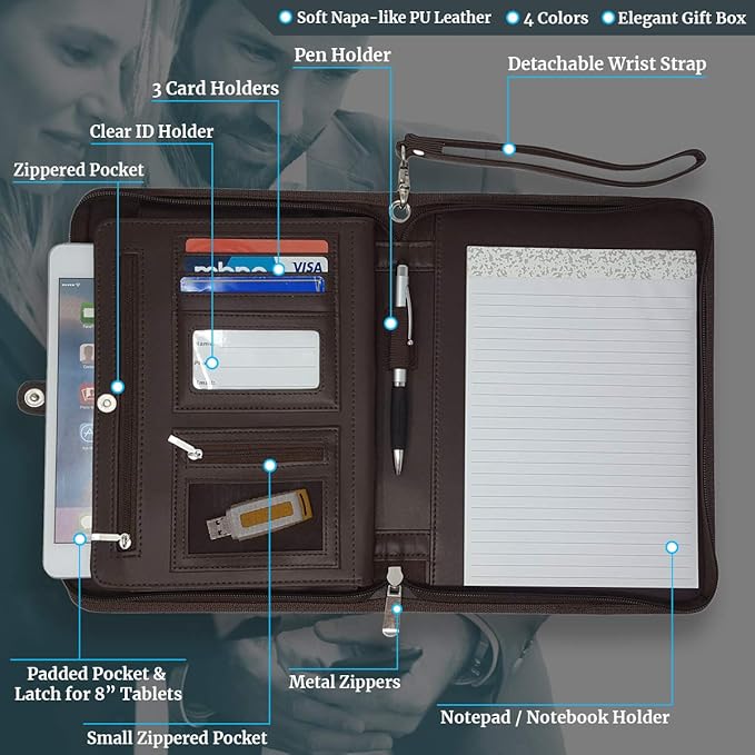 Customized Junior Zippered Leather Padfolio - Name/Logo Printed on Dark Brown PU Leather Portfolio Binder & Organizer Folder with 8 Inch Tablet Sleeve & with Junior Legal Notepad