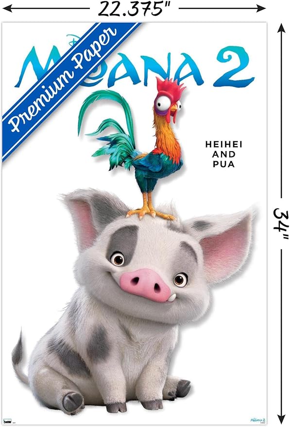Disney Moana 2 - Heihei and Pua Feature Series Wall Poster, 34L" x 22.4W", Premium Poster & Clip Bundle