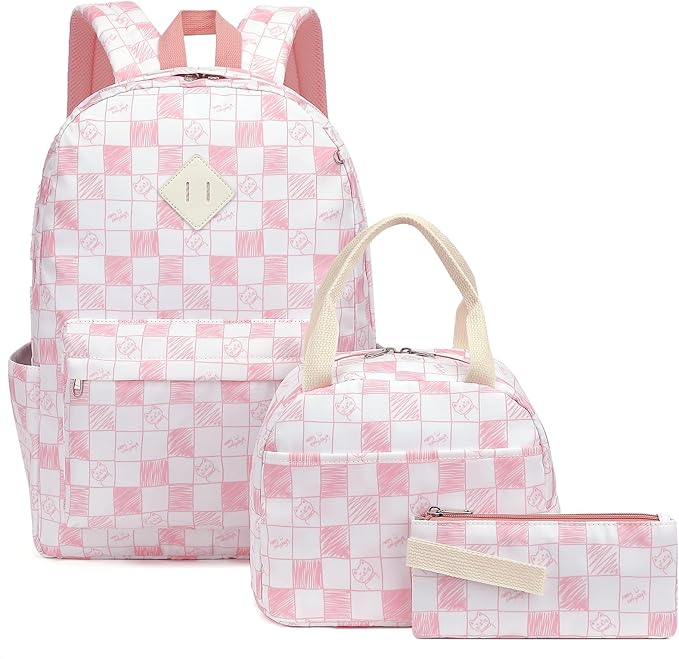 School Backpack for Girls, 3PCS Bookbags Set with Lunch Box Pencil Pouch Elementary Middle School Bag Laptop Back Packs (Cat Checkered Pink)
