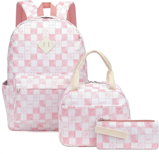 School Backpack for Girls, 3PCS Bookbags Set with Lunch Box Pencil Pouch Elementary Middle School Bag Laptop Back Packs (Cat Checkered Pink)