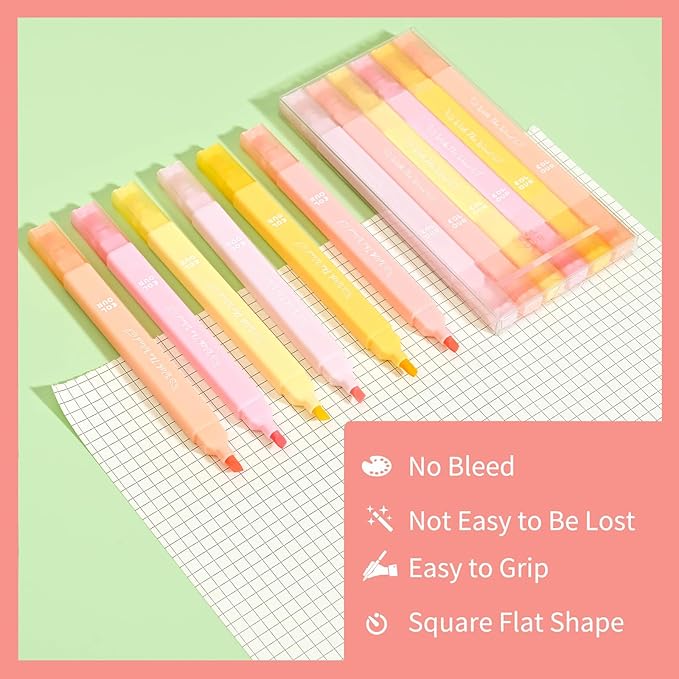 6Pcs Aesthetic Cute Highlighters with Soft Chisel Tip, Double Ended Highlighter, Quick Dry Assorted Colors Highlighters Markers for School Supplies and Office Journaling