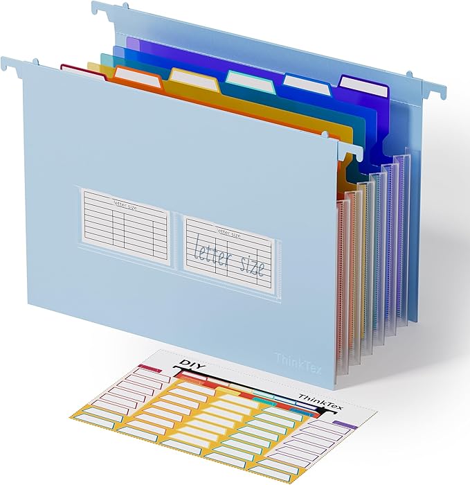 ThinkTex Plastic Expanding Hanging File Folders, 7 Innovative 1.2" Accordion Pockets, Large Capacity, Multi-Color Tabs, Letter Size for Filing Cabinet - Blue