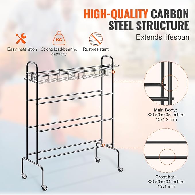 VEVOR Rolling Sports Ball Storage Cart, Lockable Basketball Cage with Double Lids, Sport Equipment Holder Organizer for Indoor Outdoor, Steel Storage Rack for Garages, Playgroup, Gym and Schools