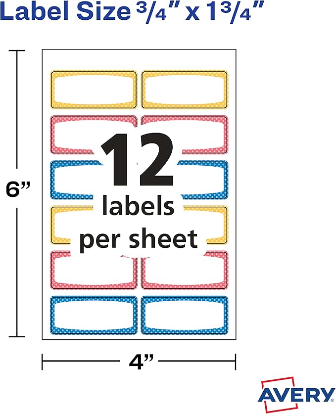 Avery Durable Labels for Kids' Gear,3/4" x 1-3/4",Assorted Border Colors,Water-Resistant Labels,60 Total (41442),(Pack of 2)