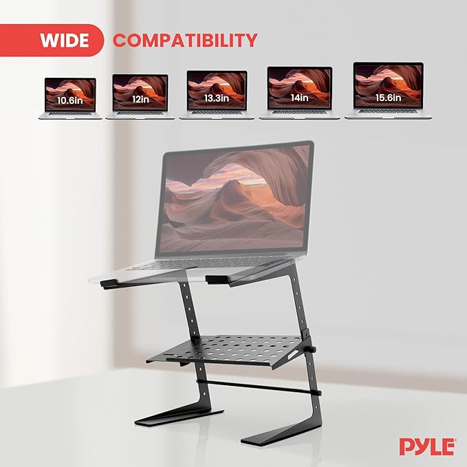 Pyle DJ Laptop Stand with Storage Shelf, Portable Adjustable Computer Stand for Laptop, Height Adjustable Laptop Floor Stand for DJ Booth, Studio, Live Events, and Home Use
