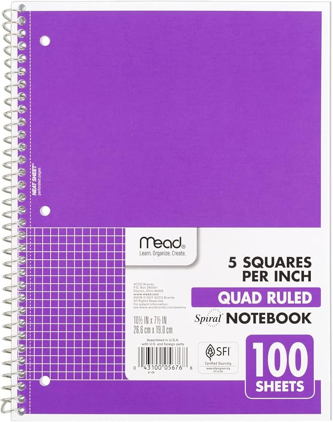 Mead Spiral Notebook, 1 Subject, Graph Ruled Paper, 7-1/2" x 10-1/2", 100 Sheets, Amethyst Purple (05676BA7)