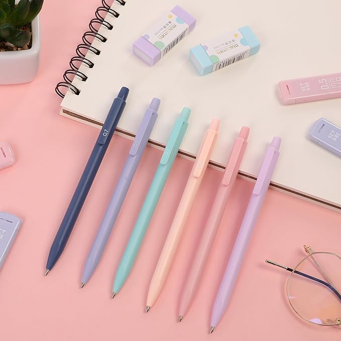 SKYDUE Cute School Supplies 38 PCS, Pencil Case with 12 Pastel Highlighters, 5 Black Gel Pens, Mechanical Pencils, College Essentials Students Stationary Set Pink