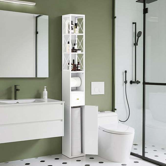 VECELO Tall Narrow Storage Cabinet with X-Frame Metal Design, Slim Freestanding Bathroom Cabinet with Toilet Paper Holder, Magnetic Door & Drawer, for Small Spaces, 7.9" D x 7.9" W x 67" H, White