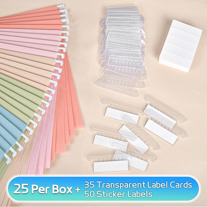 25-Pack Pastel Hanging File Folders, Letter Size with 1/5-Cut Tabs, 35 Transparent Label Cards, 50 Sticker Labels–Home Office & Filing Cabinets