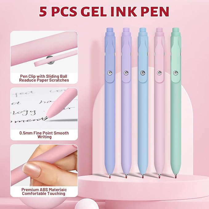 42 Pack Gel Pens for Coloring Books, 5 Gel Pens 0.5mm Black Ink, 12 Vibrant Sparkle Metallic Glitter Pens with 12 extra refills for enduring use, 12 Pastel Highlighters for Man Woman(Red)
