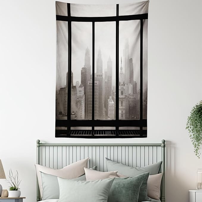 Ambesonne City Tapestry, Philadelphia City Rooftop View Through Window Skyline Landmark Rooftop Travel, Wall Hanging for Bedroom Living Room Dorm Decor, 40" X 60", Grey Black