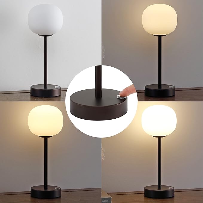 JONATHAN Y 12.25" Oil Rubbed Bronze/White Rechargeable Table Lamp, Modern Cordless LED Nightstand Lamp, White Glass Shade, Dimmable Portable Desk Lamp for Bedroom Living Room Dining (JYL7108B)