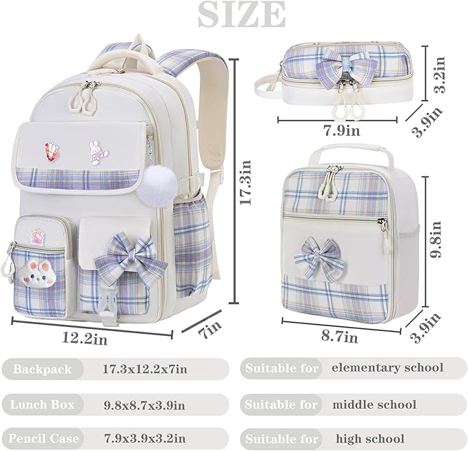 Girls Backpack,Kids School Backpack With Lunch Box Pencil Case Set,Cute Childrens Schoolbag For Girls