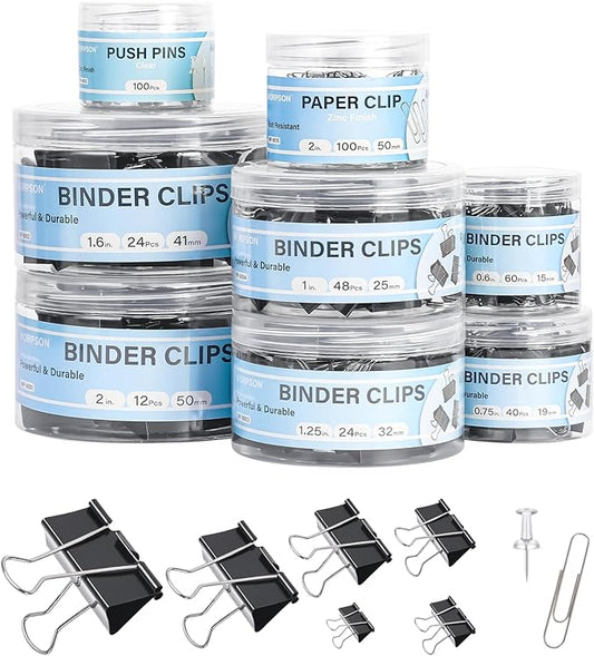 408 PCS Binder Clips Paper Clamps Assorted Sizes and Push Pins, Binding Paperwork Clamp Bulk, School Teachers Office Supplies (Black)