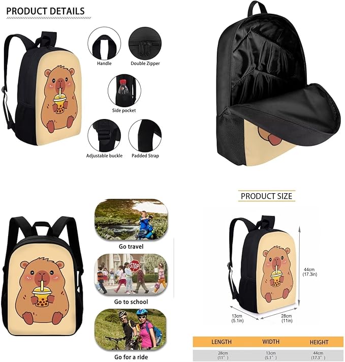CLOHOMIN Cute Capybara Bookbag And Lunch Box Set for Girls Yellow Backpack with Lunch Bag for Kids 4th Grade Elementary/Primary School Bag Thermal Lunchbox Large Pencil Case, Set of 3
