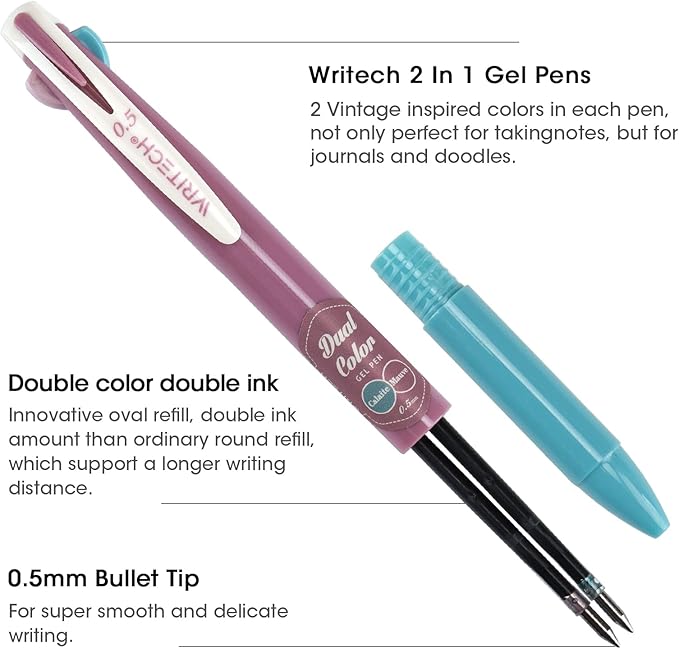 WRITECH Retractable Gel Ink Pens: Multi Colored 0.5mm Fine Point 2 in 1 Colorful Click Pen Assorted Color 4ct No Smear & Bleed for Smooth Writing Journaling Drawing Notetaking