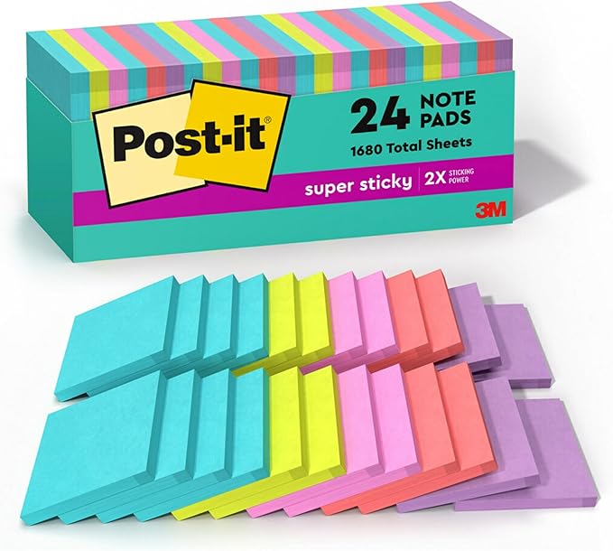 Post-it Super Sticky Notes, 24 Sticky Note Pads, 3 x 3 in., Ideal for Organization in Your Dorm, Home or Office, 2X The Sticking Power, Supernova Neons Collection