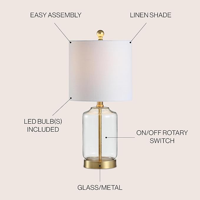 JONATHAN Y 19.5" Brass Gold and Clear Glass Table Lamp, Glam Transitional Bedside Lamp for Living Room Nightstand, White Linen Drum Shade, LED Bulb Included JYL1033A