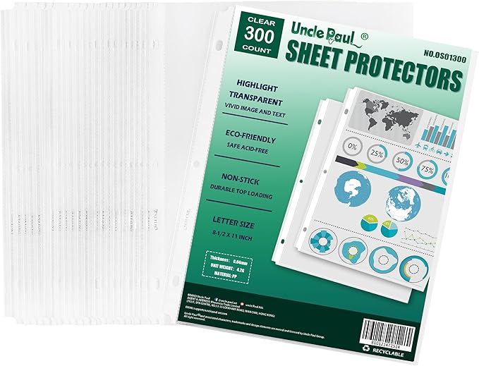 Sheet Protectors - 300 Sheets 4 mils Strong Extra Heavyweight Clear Top Load 8.5 x 11 Inch Highlight Transparent Acid-Free for 3 Ring Binder OS01300