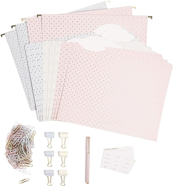 U Brands Delicate Details Fashion Filing Kit, 145 Pieces, Includes 4 Hanging Folders, 9 File Folders, 6 Binder Clips, 120 Paper Clips, 5 Sheets of File Lables and 1 Felt Tip Pen (4866U01-06)