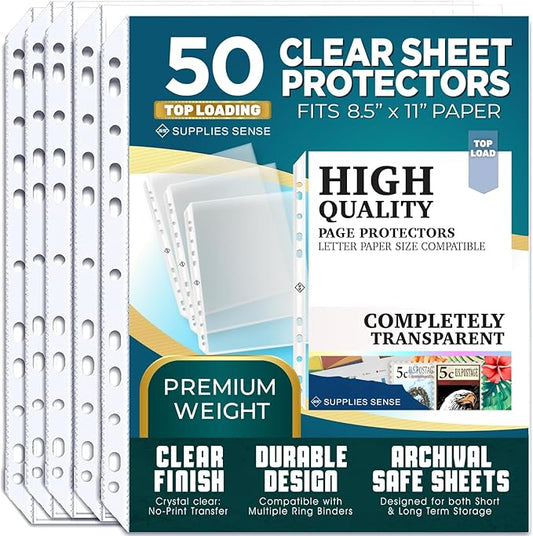 Sheet Protectors for 3 Ring Binder, 50 Pack Premium Clear Page Protector 8.5 x 11 inch, Plastic Sleeves for Binders, Top Loading Paper Sheets Document Sleeve Letter Size, Photo, Office, Home