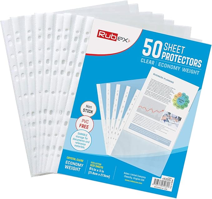 Rubex Sheet Protectors 8.5 x 11 inch Clear Page Protectors Plastic Sleeves Reinforced 11 Hole fit for 3 Ring Binder Top Loading 9.25 x 11.25 inch (50 Sheets)