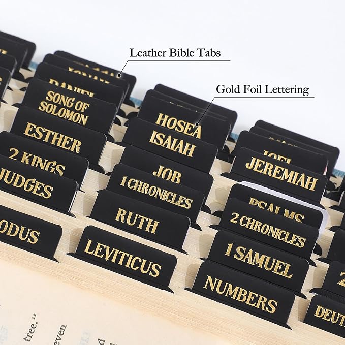 Leather Bible Tabs, Bible Tabs for Women and Men(Gold Foil Lettering) Large Print Stickers, Easy to Read and Apply, 66 Chapters & 14 Blank DIY Labels for Easy Navigation, Christian Accessories(Black)