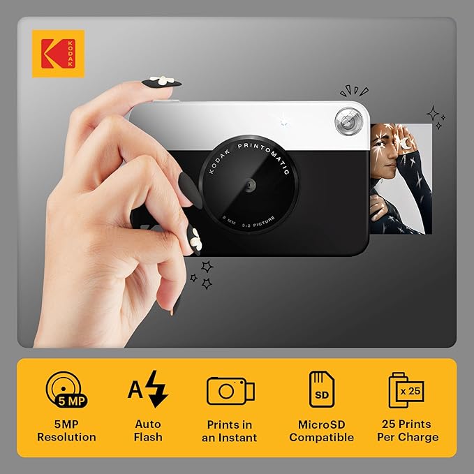 Kodak Printomatic Full-Color Instant Print Digital Camera - 75 Sheets Bundle - Prints On Zink 2x3 Sticky-Back Photo Paper - 5MP, Portable, Creative Fun Gift for Birthday, Christmas, Holiday - Black