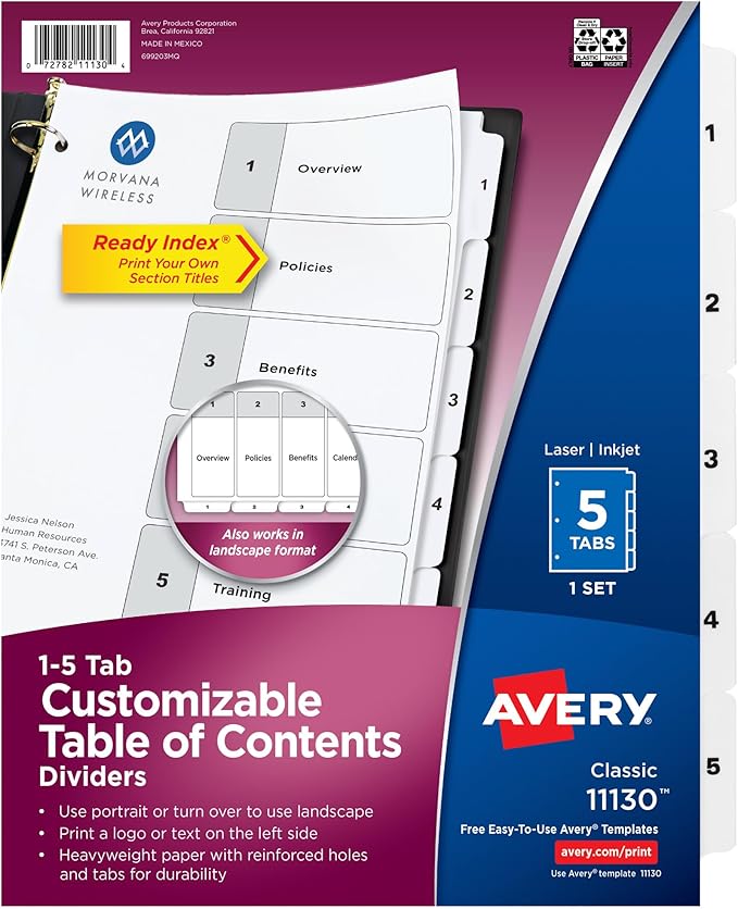 Avery Dividers for 3 Ring Binders, 5 Tabs per Set, Customizable Table of Contents, Classic White Tabs, Great for Organizing Reports, Projects, and More (11130)