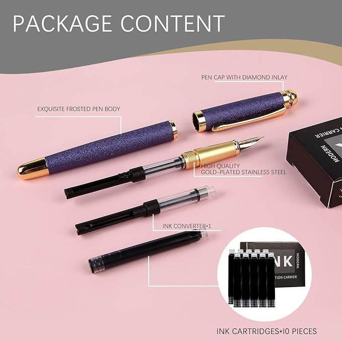 fountain pen-Multiple color styles with rhinestone,diamond inlay and frosted finish,Cute pens,Luxury pen,Office pens,Best pen set,Includes 10 Ink Cartridges and Ink Refill Converter(Purple)