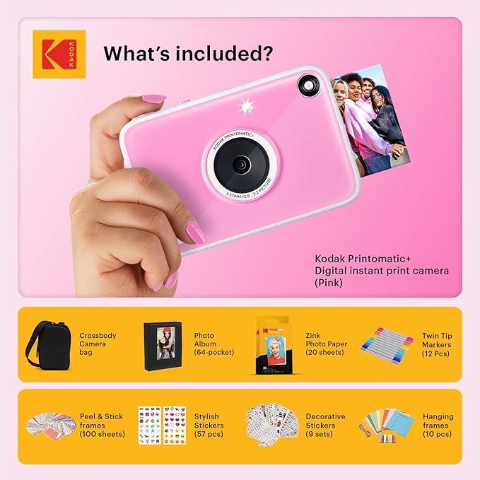 Kodak Printomatic+ Full Color Instant Print Digital Camera Gift Bundle + Case + Zink 2x3 Sticky Back Photo Paper 20pk + Album + Sticker Sets + Sticker Frames + Hanging Frames + Markers - Pink