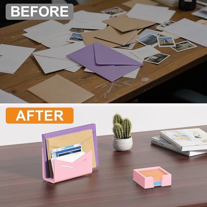 Beego Envelope and Mail Organizer Countertop - Pink Acrylic Desk Organizer Letter Holder Desktop File Sorter Bill Document Folder Rack for Office, Home, School Desk Organization