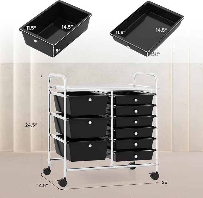 COSTWAY Rolling Storage Cart with 9 Drawer, Mobile Utility Cart with Metal Frame, Art Supply Craft Organizer, Multipurpose Storage Organizer for Paper, Office, School Teacher, Classroom, Black