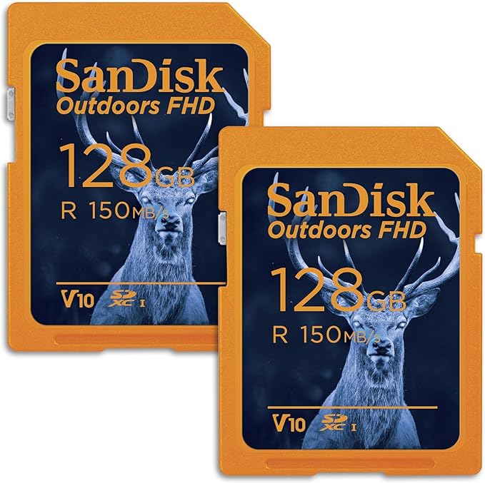 SanDisk 128GB 2-Pack Outdoors FHD SDXC UHS-I Memory Card (2x128GB) - Up to 150MB/s, C10, U1, V10, Trail Camera SD Card - SDSDUWC-128G-GN6V2