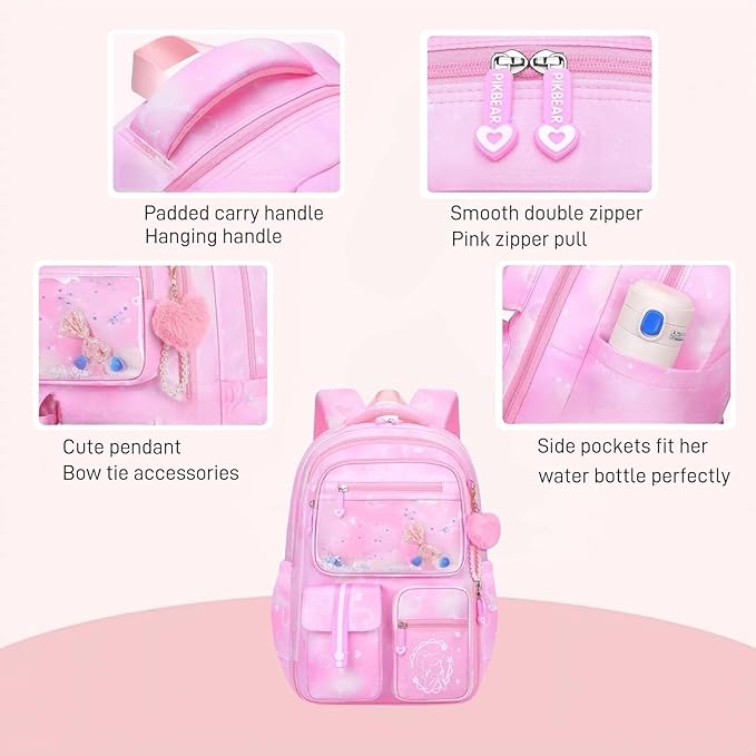 Backpack for Girls Cute Bow Kids Backpack for Elementary School Students Bookbag Middle School Bags for Girls Travel Back Pack, Dreamy Pink