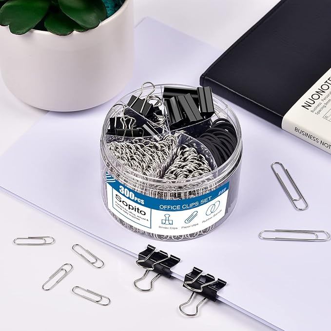 Binder Clips Paperclips, Sopito 300pcs Office Clips Set with Paper Clamps Rubber Bands for Office and School Supplies, Assorted Sizes Black