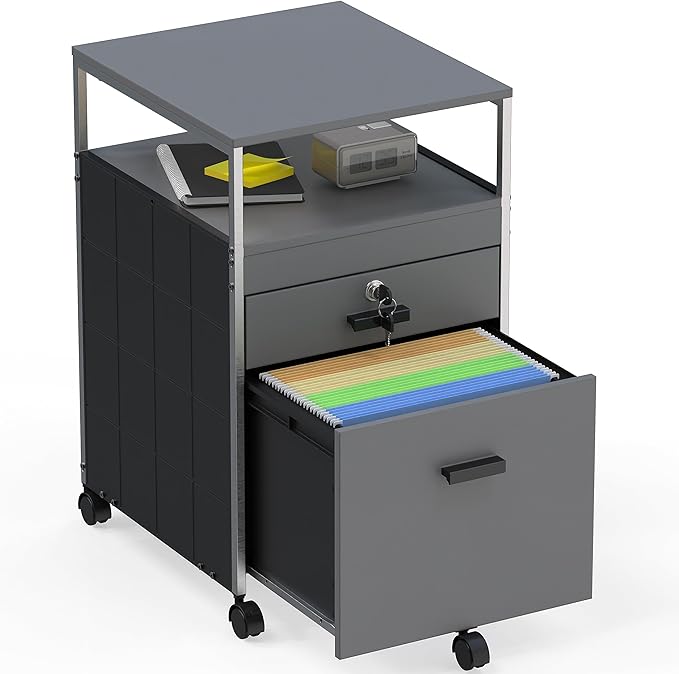 SHW Box File Rolling Mobile Cabinet with Open Shelf and Lockable Drawer, Gray