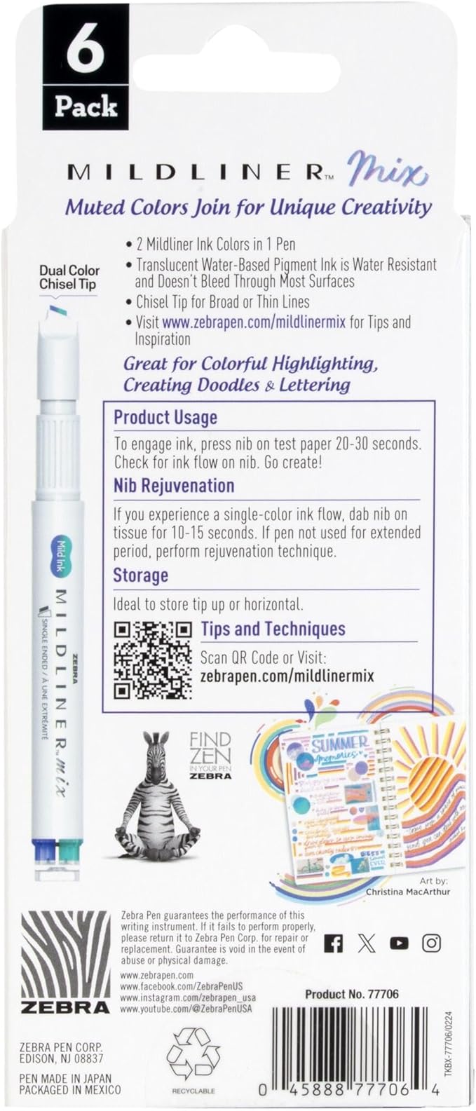 Zebra Pen Mildliner Mix Dual Color Highlighter Marker Set, Chisel Tip, No Bleed, Ideal for Bible Highlighting, Journaling, Note-Taking, School and Office Supplies, Assorted Colors, 6-Pack (77706)