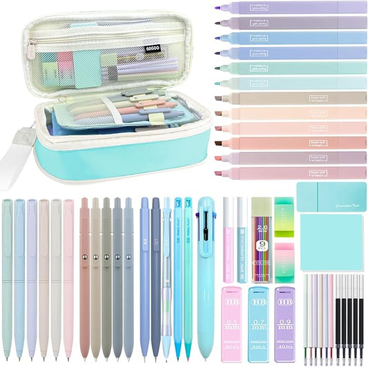 54pcs Aesthetic School Supplies Cute Stationary Set with Pencil Case 12 Highlighters, 5 Black & 6 Color Ink Gel Pens, 6-in-1 Ballpoint Pen,5 Mechanical Pencils 0.5-2.0mm for College Essentials (Blue)