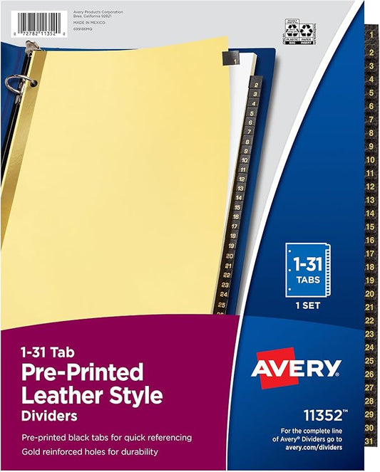 Avery Gold Reinforced Leather Tab Dividers, 31-Tab, 1-31, Letter Size, Black, 31 per Set (11352)